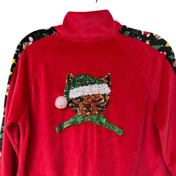 No Boundaries Track Suit Christmas Santa Cat Red Velour Jacket Pants Juniors 11 - Picture 8 of 16